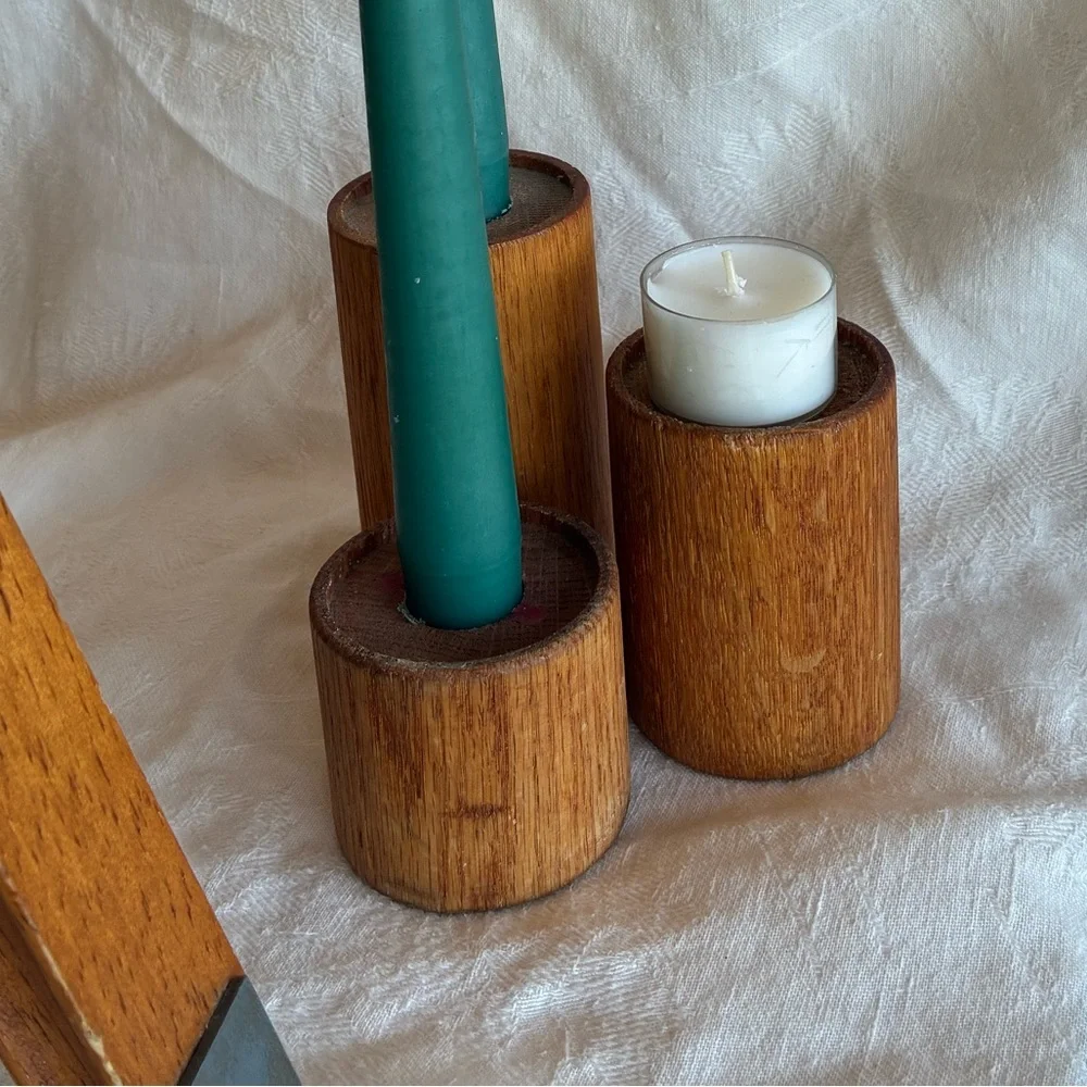Set Teak Candle Holders Danish Tapers Votives Tea Light Candles all Sizes Fit